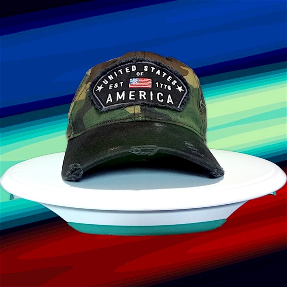 New Distressed Camouflage Denim Strap Back Dad Hat | Patriotic Patch | Unbranded - Picture 3 of 16